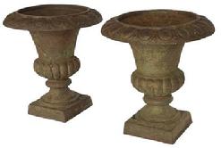 K277 Matching pair of small ornate Cast Iron Garden Urns retaining old weathered surfaces. Urns are solid cast iron with embossed scalloped patterned rims resting on square bases. Measurements:  12 ¼ across tops (openings are 8 diameter) x 5 ¾ square bases x 13 tall   