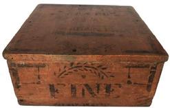 E236 19th century AMERICAN PAINTED AND STENCILED "FINE" BOX, nailed construction with hinged lid, stenciled "FINE". Retains an old red- and black-painted surface. Measurements are 6 1/4" H, 13 3/4" x 14 1/4" top.