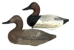 M214 Pair of Canvasback Duck Decoys carved by Captain Jess Urie (1901-1978), Rock Hall, Maryland with original surfaces. Both decoys retain their original weights, staples and rings. Jess Urie made his living by fishing and running charters. He was a perfectionist and all of his birds had extensive feathering and wing painting.