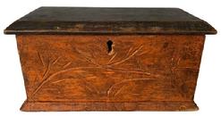F563 Late 19th century Tobacco Box in original pumpkin and black paint. Hand carved front with original label inside.