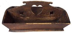 A291 Wooden Cutlery Box, cut out heart and diamonds square head nailed construction original surface