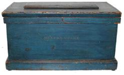 **SOLD** B109 19th century  pine tool chest having a single sliding tray,  ca. 1860 lid with applied panel, a molded base and retaining the original painted surface with stenciled name �Denton Stake�, 