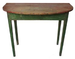 B28 19th century Shenandoha Valley Virginia ,Hepplewhite Demilune Table with old green paint over the original red, the wood is heart pine ( yellow pine) mortised and pegged construction circa 1840