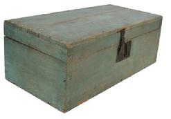 C403 Early 19th century New England  document Box, with the original dry blue paint, dovetailed case and lid, original hinges and natural patina interior measurements:20" wide 7" tall  9 3/4" deep