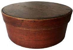 **SOLD** D514 19th century New England Pantry Box with beautiful red paint ca. 1880; bentwood box with tack bands, dark red exterior natural patina on the inside 11" diameter x 4 1/2" tall
