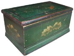 W390 19th century New England painted decorated  storage box; with gold leaf decoration on a green background with black pin striping ,applied molding. The interior  is natural patina, with original hardware  .12 1/2� wide x 5 1/2� tall 7� deep