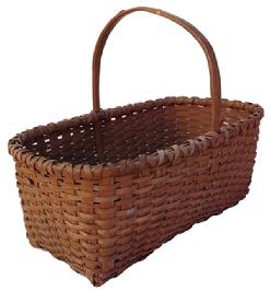Z576 Late 19th century Gathering Basket with the original nutmeg paint, single wrapped rim with a nice high steamed and bent handle, tightly woven.