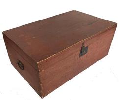 P286 NewEngland original red painted Storage Box with the original attic surface paint, all hardware is intact, the construction is dovetailed, circa 1850