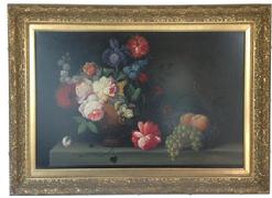 P89 Original still life painting, oil on canvas, by known artist Terence Alexander.Beautiful large Still life of Flowers, Late 19th century, American, Oil Painting is on stretched canvas. Depicting a Stillife of fruit signed Terence Alexander .