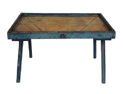 RM346 Rare 19 Century Pennsylvania Cheese drain table with old blue paint. Square-head nailed, one-board construction