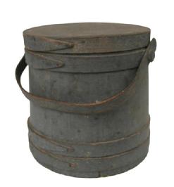 V330  Gray  original painted wooden Firkin,The Firkin sides and top are surrounded by a simple overlapping bentwood bands, secured by small copper tacks.9 1/2" diameter across the top 10"  across the bottom x 9 3/4" tall