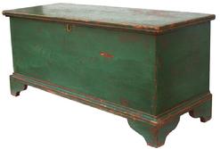 V263 Pennsylvania  Blanket Chest with old green over the original red paint, with an applied bracket base dovetailed case, circa 1840 40" wide x 15 3/4" deep x 18" tall