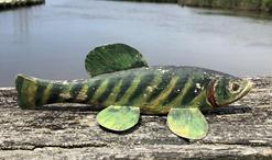 A390 Antiques Decoy, Hand Carved,  Ice Fishing, perch  beautiful  Painted wood with attached metal fins and carved eyes,  Length 9 1/2 "  4 3/4" wide x 3" tall  Circa 1930 