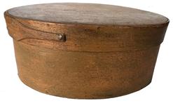 D557 18th Century bentwood oval Pantry Box signed and dated 1798 , New England, Anonymous Maker, old pumpkin paint over the original red. Pine wooden top and bottom