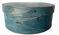 F485  Robin egg blue Pantry Box, mid 19th C, New England. Opposing fingered body & lid, tacked & wood pegged construction. Dry, original blue never painted over original surface patina. 7 1/4 x 3" tall