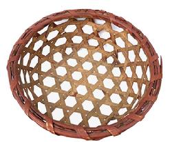 G575 New England Cheese basket with sturdy 5/8� steamed and bent double rimmed top and Shaker-style weave secured to the rim by a single wrapped edge. Interior and exterior rim bands are secured together with tacks. Basket retains its original dry red paint on top and sides, whereas the bottom and interior show only natural patina. Wear around top is indicative of age and use. Minor damage, that does not detract from the beauty of the basket. (See photos for broken area on one side.) This type of basket was originally used to separate the curds from the whey in cheese making.  This is a wonderful size for display! Measurements are: 14� diameter x 6� tall