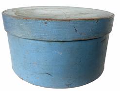G854 Original Blue Painted Round Wooden Pantry Box in excellent old robin egg blue paint. Thick-walled, steamed and bentwood construction secured with tacks and wooden-pins. Circa 1880. Natural patina on the inside. Measurements: 11� diameter (top) x 5 ½� tall