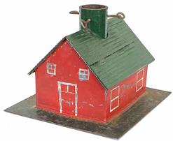 G929 Late 19th century Handmade iron Christmas tree base. Detailed design with full bodied tree stump holder. Outstanding original painted surface. The Barn holds the water and it is filled through the chimney. Measurements are 13" wide x 14 long x 10 tall