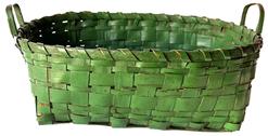 H18 Gathering Basket in beautiful green paint, rectangle shape with applied handles, single wrapped rim  very tightly made,  nice and sturdy    