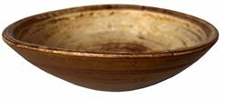 H165 Early 19th century Wooden turned Bowl Small size, out of round ,with the original dry mustard paint on the outside and painted on the inside , and shows wonderful lathe marks, measures 8 1/2" diameter x 2' tall out of round, with a band around top of bowl