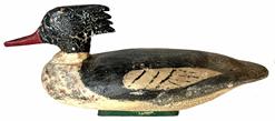 Miniature Merganser  Decoy , carved by Doug Jester (1876-1961) Chincoteague, VA. Original paint mounted on a wooden base. measurements 7 3/4� long x 3 1/2� tall x 2 1/4� wide