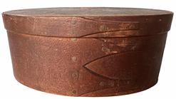 H250 19th century Shaker finger lapped oval shaped pantry box with beautiful natural surface. Sturdy steamed and bent wood construction with three finger laps secured with tiny tacks. Measurements: 7 1/4" x 4 5/8" oval - 3" tall