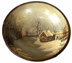 H268 Gorgeous Antique Folk Art Hand-Painted Wooden Bowl, Dough Bowl, with snow scene painted interior. The exterior is natural patina and shows great lathe turnings. There is a hook on the back for hanging. Measurements: 11 7/8� x 12 7/8� diameter (out of round) x 3� deep. 