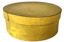H319 Beautiful Pennsylvania original yellow painted pantry Box - made of steamed and bentwood construction secured with tiny tacks and glue. Natural patina interior.  Measurements: 8 5/8" diameter x 3 1/4" tall