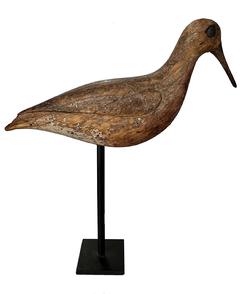 H340  Very Early Yellow leg Shore Bird, circa 1890   from Long Island N.Y. branded D.A. Wood, with tack eyes and carved wings  and walnut bill, mounted on stand for displaying. Working original paint shows sign of  being shot over
