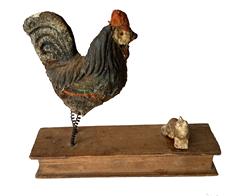 H321 Victorian Era hand painted papier mache Rooster with twisted metal legs and small paper mache kitten mounted on natural patina wooden box that measures: 6 ¾� long x 1 ¾� wide x 1� tall. Overall height of Rooster is 5 1/5� tall. Circa 1860-1870�s. 