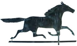 W391 Late 19th century Molded Copper "Smuggler" Running Horse Weather Vane, attributed to Harris & Co., Boston, Massachusetts, , flattened full-body figure mounted on a copper rod, verdigris surface, (minor dents), including stand  , ht. 17 1/4, lg. 31 3/4 in.