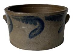 K1612 19th century beautiful Cobalt decorated cake crock  stamped  l  - attributed to Richard C. Remmey of Philadelphia, PA - who was a prominent stoneware maker from the 1860s  1900.  The cylindrical form is cobalt decorated with typical cobalt Remmey swags on all sides with highlights at the lug handles. Incised ring and lipped rim add to the visual appeal. Measurements: 9 ½ diameter x 5 tall.   