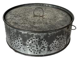 K1813 19th century footed tin cheese strainer with lid. Nicely rolled edges and secure solder joints. Measurements: 7 diameter x 3 tall. 