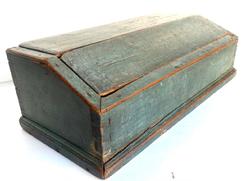 G816 Early 19th century New England wooden Seed holder  possible Shaker in original blue paint. Dovetailed case with applied molding around bottom and mortised dividers inside. Individually removable wooden lids for each side of the box show hand hewn marks on each end.