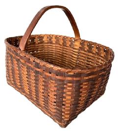 K1837 Spectacular Eastern Shore, Maryland Basket featuring a double banded, single wrapped rim. The steamed and bent handle is actually one solid piece of wood that encircles the center of the basket and is incorporated into the weave. Nice, tight weave, featuring two different brown colored oak splint slats.  Very sturdy. Excellent condition. Measurements: The opening is 13 ¼ long x 9 wide. Rectangular bottom is 10 ½ long x 8 wide. Sides are 6 ¼ tall. Overall height at handle is approximately 10 ¼ tall. 