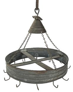 **SOLD** K1812 19th century handmade Tin hanging dryer with 12 hooks for drying herbs. The round rack is supports via four chains attached into a small conical shaped top. Nicely rolled edges and all solder joints are secure.    Measurements: 9 diameter x ~9 tall.  