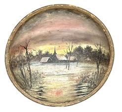 **SOLD** K1726 New England Folk Art painted wooden bowl with snowy scene depicting a distant church with barren trees in forefront. The bowl has a nice, lipped edge and bears an ever so slightly raised foot and prominent slow late turning marks on the bottom. From a collection in Vermont. Measurements: 13" x 12 1/2" diameter x 4" deep.