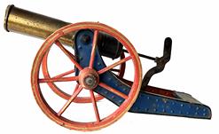 J148 Early 20th century Toy Cannon - Tin with wooden wheels. Embossed D.R.G.M. on one side and D.R.P.a. on other side - which are markings depicting an early 20th century German Copyright. Wooden wheels are red painted with gold painted accents and black painted 'tread' Circa 1910. Nice condition, with wear indicative of use. Mechanism and wheels still work smoothly.  Approximate measurements: 14 5/8" long x 5" wide and the wheels stand 6 1/4" tall.