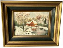 J191 Wonderful small sized framed painting depicting a quaint snowy landscape featuring a house by an ice-covered pond hosting nine people ice skating. Oil on artist board signed by artist Eleanor Morehouse (1939 � 2020 of Somerset N.J.) in the lower left corner. Framed Measurements: 10 3/8� wide x 8 3/8� tall x 1 ½� deep. The artist board measures 7� wide x 4 5/8� tall.  
