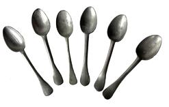 J198 Set of six (6) matching 18th century American pewter spoons. One spoon has the initials �AR� carved on the back of the handle tip. All spoons measure approximately 8� long, with the exception of the initialed one which shows the most wear and measures 7 ½� long.
