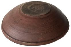 J414 Late 18th century slight beehive bowl with distinct turnings, a lipped rim, and slightly raised foot bearing a beautiful dry red painted surface and natural patina interior with evidence of slow turnings and extensive chop marks. Slightly out of round. Very sturdy. Measurements: 8 &frac34;� x 9 &frac14;� diameter (out of round). Height varies between 2" and 2 &frac14;� tall. 