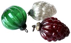 J445 Group of three Kugels (green ribbed ball ~ 3� tall, red grapes ~3 ½� tall and silver/clear grapes ~3 ½� tall)  Hand blown glass -  nice weight and condition with original caps and rings. Made in Germany between 1840 and early 1900. The silver kugels are actually clear glass with mirrored interiors to give them the metallic appearance. The green color is achieved by adding trace amounts of metal (iron) to the molten glass before it is blown into the shape. The word "kugel" means "round ball" in German, but they were also made in the shapes of Grapes, Apples, Berries, Pears, Tear Drops, Pinecones and Ribbed Melons. Silver, gold and green � which brilliantly reflected candlelight, were the most popular colors. 