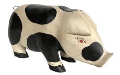 M71 Hand carved and painted Folk Art Pig Sculpture. Solid wood with carved details such as an upturned nose and characteristic eyes as well as downward turned, pointed ears and defined feet. Heavy, solid wood with a curled tail made of heavy wire. Original hand painted surface. Approximate measurements: 16 long x 6 wide x ~ 8 tall.