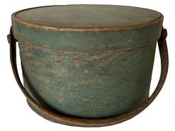 RM1109 Early New England 19th century wooden bail handle Pantry Box, with the original blue paint