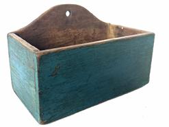 **SOLD** RM1398 - 19th century Pennsylvania Wall Box in the original blue paint. Tiny wire nail construction with wonderful, dry surface and natural patina interior.  Circa 1870�s. Measurements: 8" wide x 4 1/4" deep x 5 1/8" tall (back) x 3 5/8" tall (sides)
