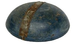 RM1650 Early 19th century Eastern Shore, Maryland wooden bowl bearing original blue painted surface. The interior of the bowl has natural patina and features several previously glued cracks with �make-do� metal patches covering the cracks across the bottom. Found in Dorchester County, Maryland. Circa 1840s. Out of round. Measurements�: 14� x 14 5/8� top diameter x 3 &frac34;� � 4� tall, depending on where measured.