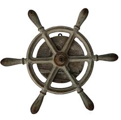 RM913 Small Cast Iron 6-spoke Ship Wheel, still attached to its original white pine wooden hub.  The hub is 3 deep x 7 diameter.  The wheel and handles are solid cast iron and measure 15 across.  The handles are 1 thick. This piece retains the original whitewash paint as found when salvaged from a local ship and is quite heavy. It makes for a great nautical / maritime piece of hanging wall art! 