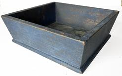 **SOLD** RM1419  Mid-19th century Pennsylvania Apple Box in original blue painted surface and nicely canted sides. Nice wear inside indicative of many years of use. Square head nail construction. Very sturdy. Measurements: 10 ¾� x 11 ¾� across top. Sides are 3 7/8� tall. (Bottom is 9 ¾� x 11 ¼�)   