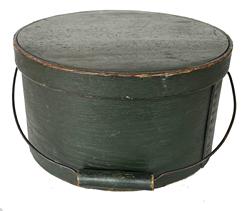 RM1408 19th century New England Bail Handle Pantry Box with the original dry, Windsor green painted surface. Over lapping steamed and bentwood sides are secured with small metal tacks. 