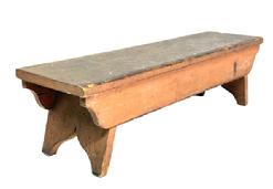 M1135 Pennsylvania splay leg stool bearing original salmon painted surface with scrubbed top. Double drop aprons are mortised into the legs which end in decorative cut out feet. The wood is pine with square head nail construction. Measurements: 26 3/8� long x 7� deep x 7" tall. 